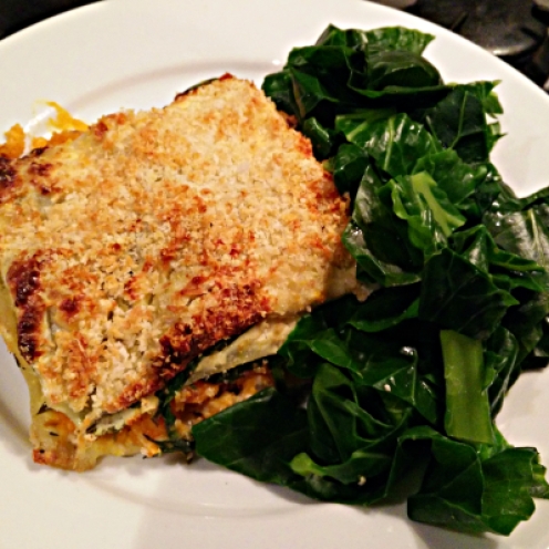 Butternut squash and spinach lasagne with spring greens
